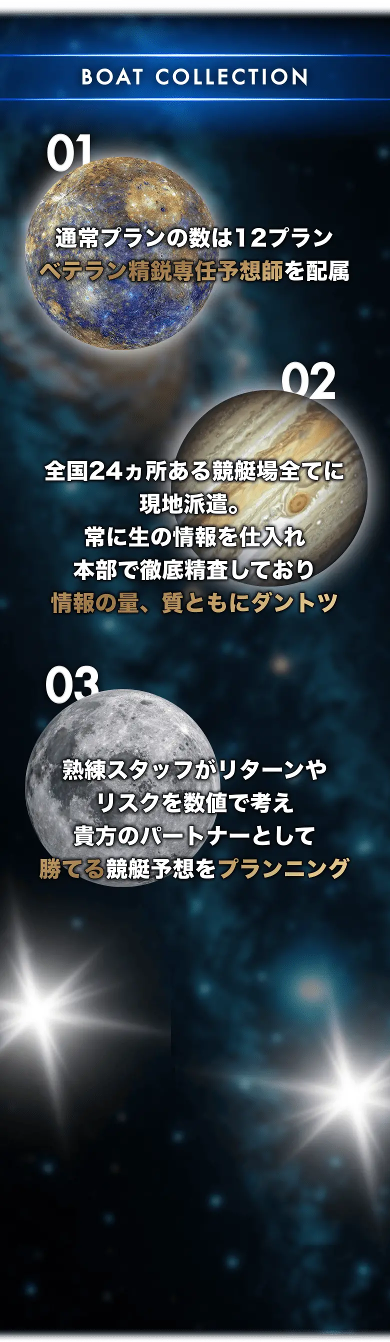 BOAT COLLECTIONのタイトルとともに、宇宙を背景にしたデザイン。3つの惑星の画像と、それぞれに番号付きのテキストが表示されている。